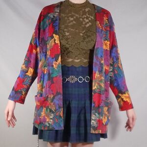 Vintage Colorful Fall Leaves Printed Soft Cardigan w/ Pockets